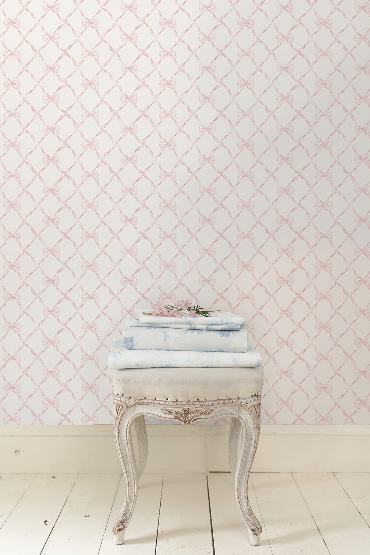 A-Street Prints Baby Bow Faded Primrose Ribbon Trellis Wallpaper, 20.5-in by 33-ft