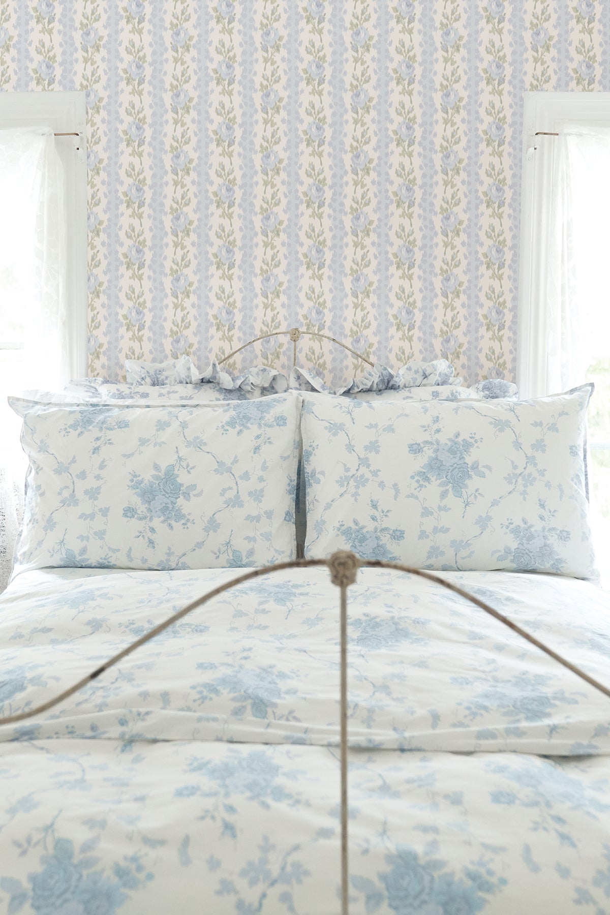 A-Street Prints Blooming Heirloom Blue Romance Rose Stripe Wallpaper, 20.5-in by 33-ft