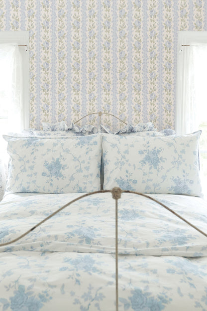 A-Street Prints Blooming Heirloom Blue Romance Rose Stripe Wallpaper, 20.5-in by 33-ft