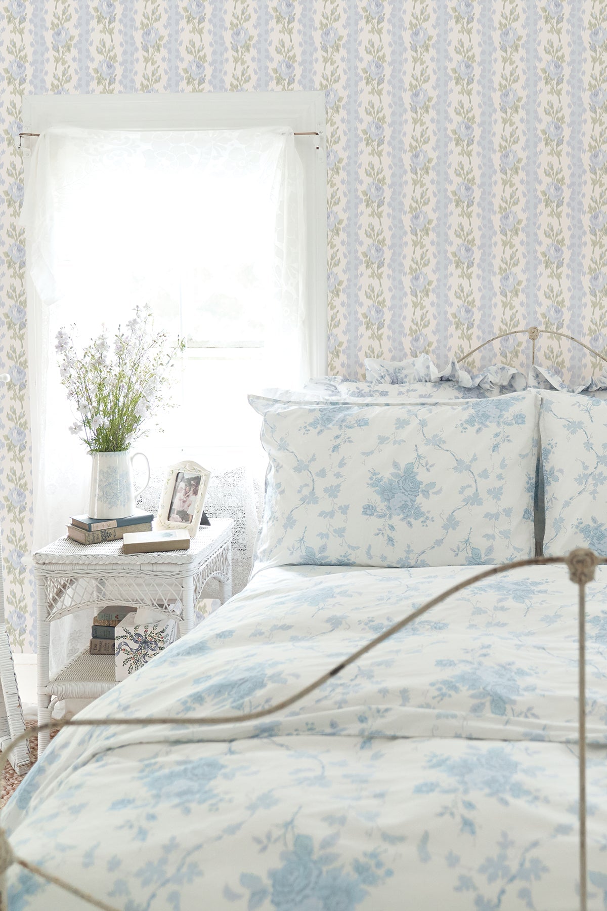 A-Street Prints Blooming Heirloom Blue Romance Rose Stripe Wallpaper, 20.5-in by 33-ft