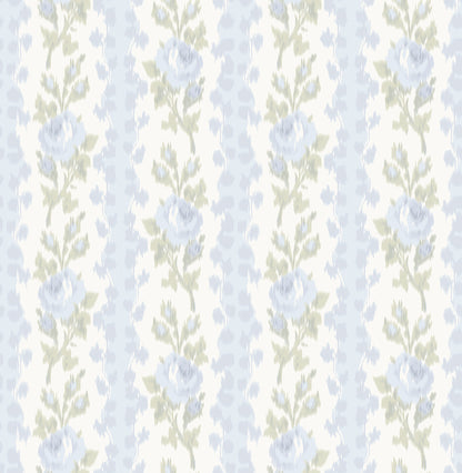 A-Street Prints Blooming Heirloom Blue Romance Rose Stripe Wallpaper, 20.5-in by 33-ft