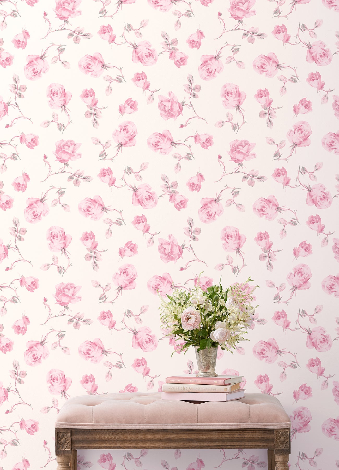 A-Street Prints Ribbon Rosa Chateau Rose Loose Roses Wallpaper, 20.5-in by 33-ft