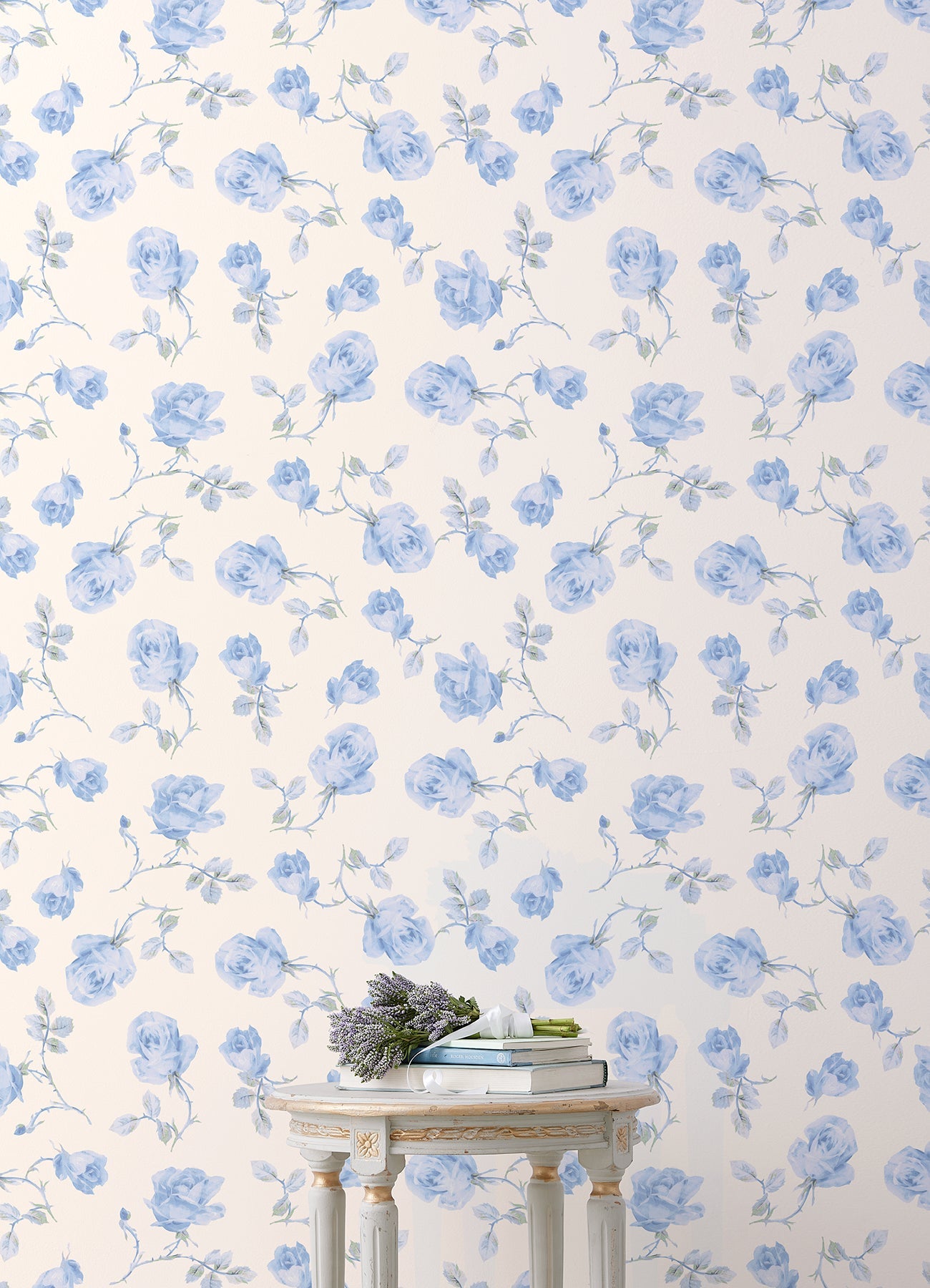 A-Street Prints Ribbon Rosa French Blue Loose Roses Wallpaper, 20.5-in by 33-ft