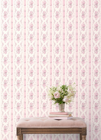 A-Street Prints Dreamy Days Pink Parfait Stripe & Floral Wallpaper, 20.5-in by 33-ft