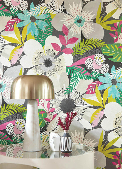 ohpopsi Janis Charcoal Floral Riot Wallpaper, 19.7-in by 33-ft