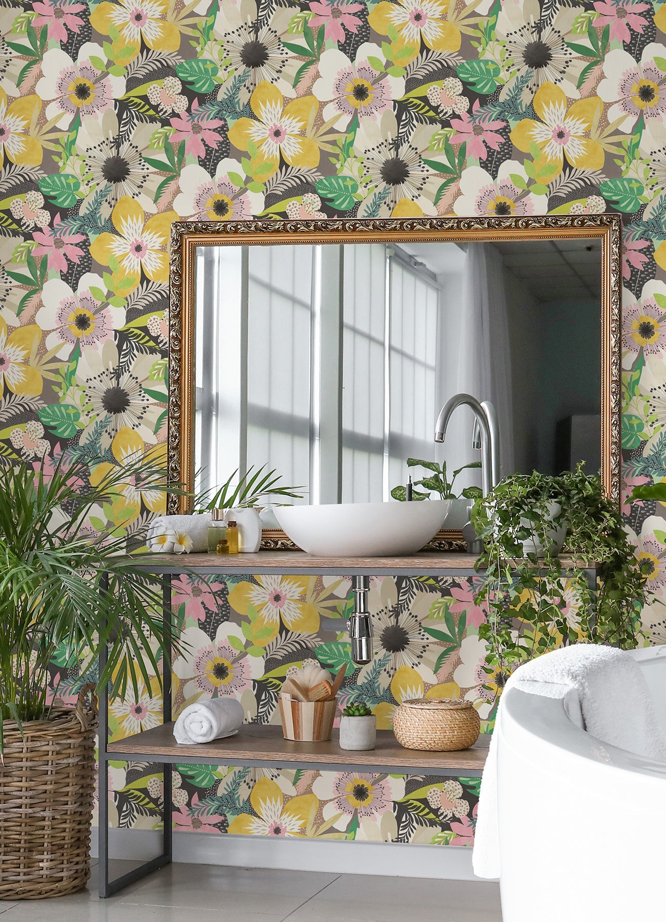 ohpopsi Janis Mustard Floral Riot Wallpaper, 19.7-in by 33-ft