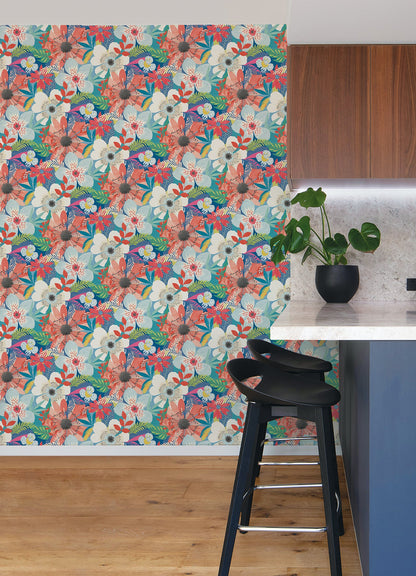 ohpopsi Janis Indigo Floral Riot Wallpaper, 19.7-in by 33-ft