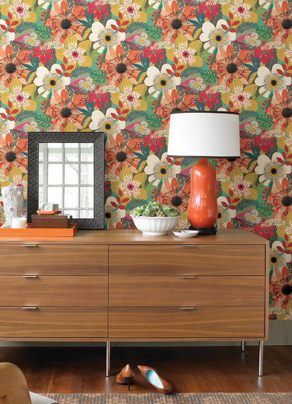 ohpopsi Janis Olive Floral Riot Wallpaper, 19.7-in by 33-ft