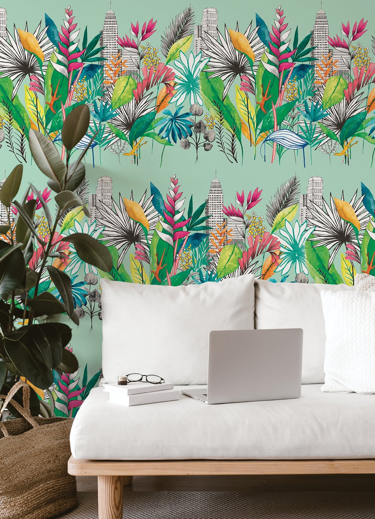 ohpopsi Sierra Mint Urban Tropic Wallpaper, 19.7-in by 33-ft