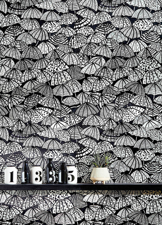 ohpopsi Dara Black Jolly Brollies Wallpaper, 19.7-in by 33-ft