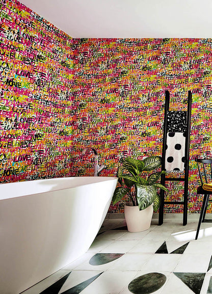 ohpopsi Indio Chartreuse Love Scribble Wallpaper, 19.7-in by 33-ft