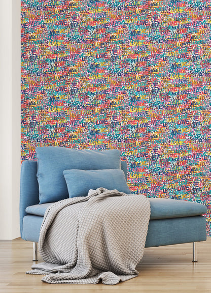 ohpopsi Indio Multicolor Love Scribble Wallpaper, 19.7-in by 33-ft