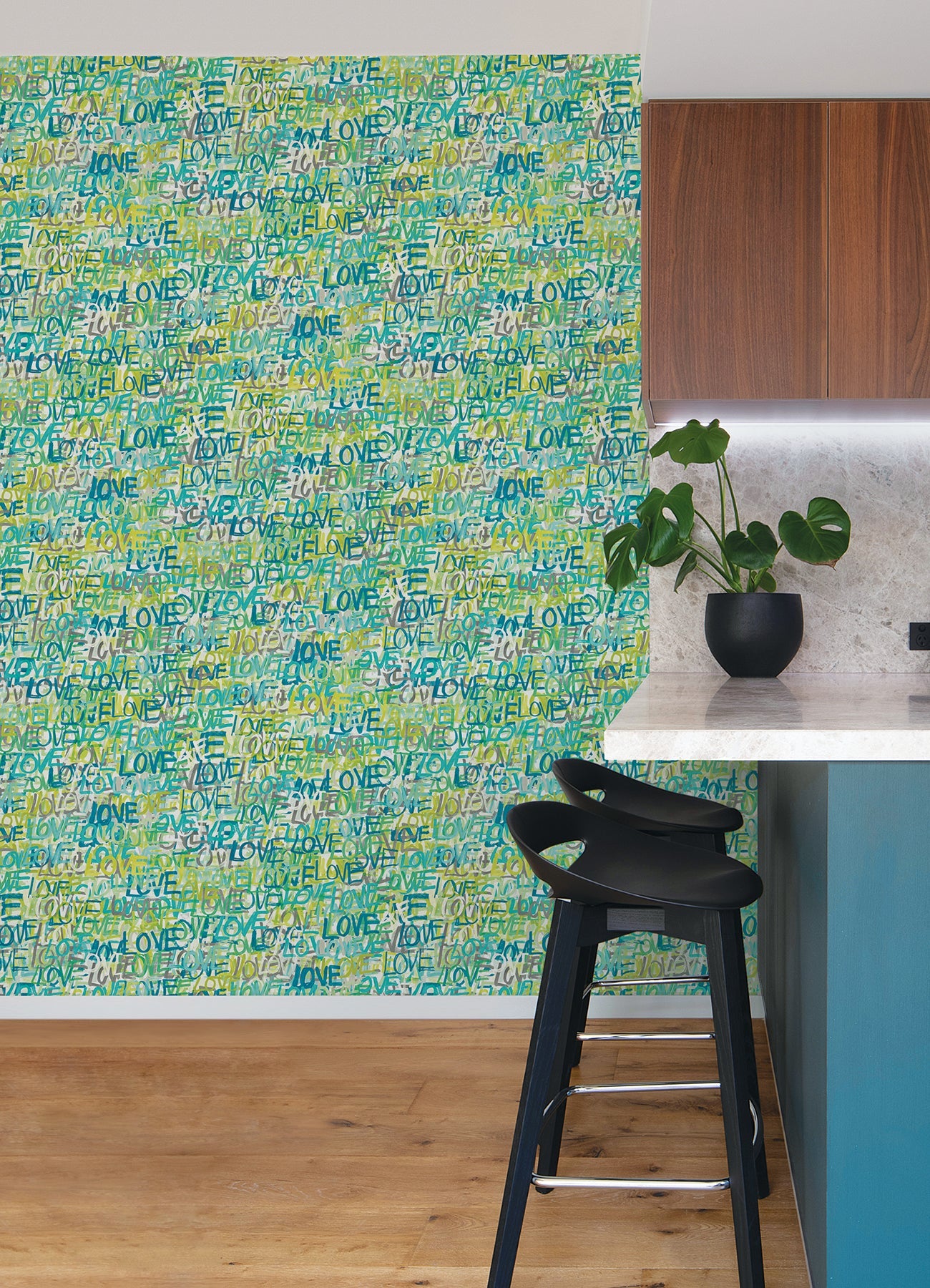 ohpopsi Indio Teal Love Scribble Wallpaper, 19.7-in by 33-ft