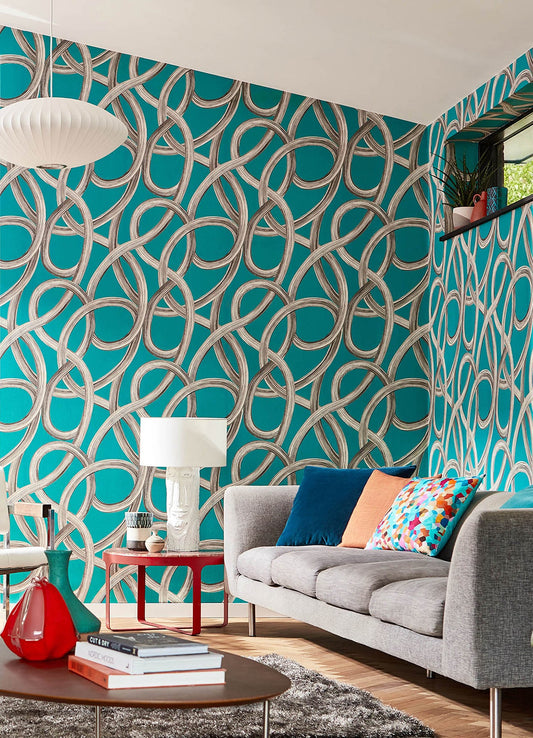 ohpopsi Calix Turquoise Twisted Geo Wallpaper, 19.7-in by 33-ft