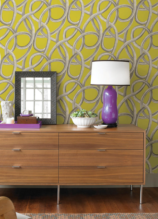 ohpopsi Calix Chartreuse Twisted Geo Wallpaper, 19.7-in by 33-ft