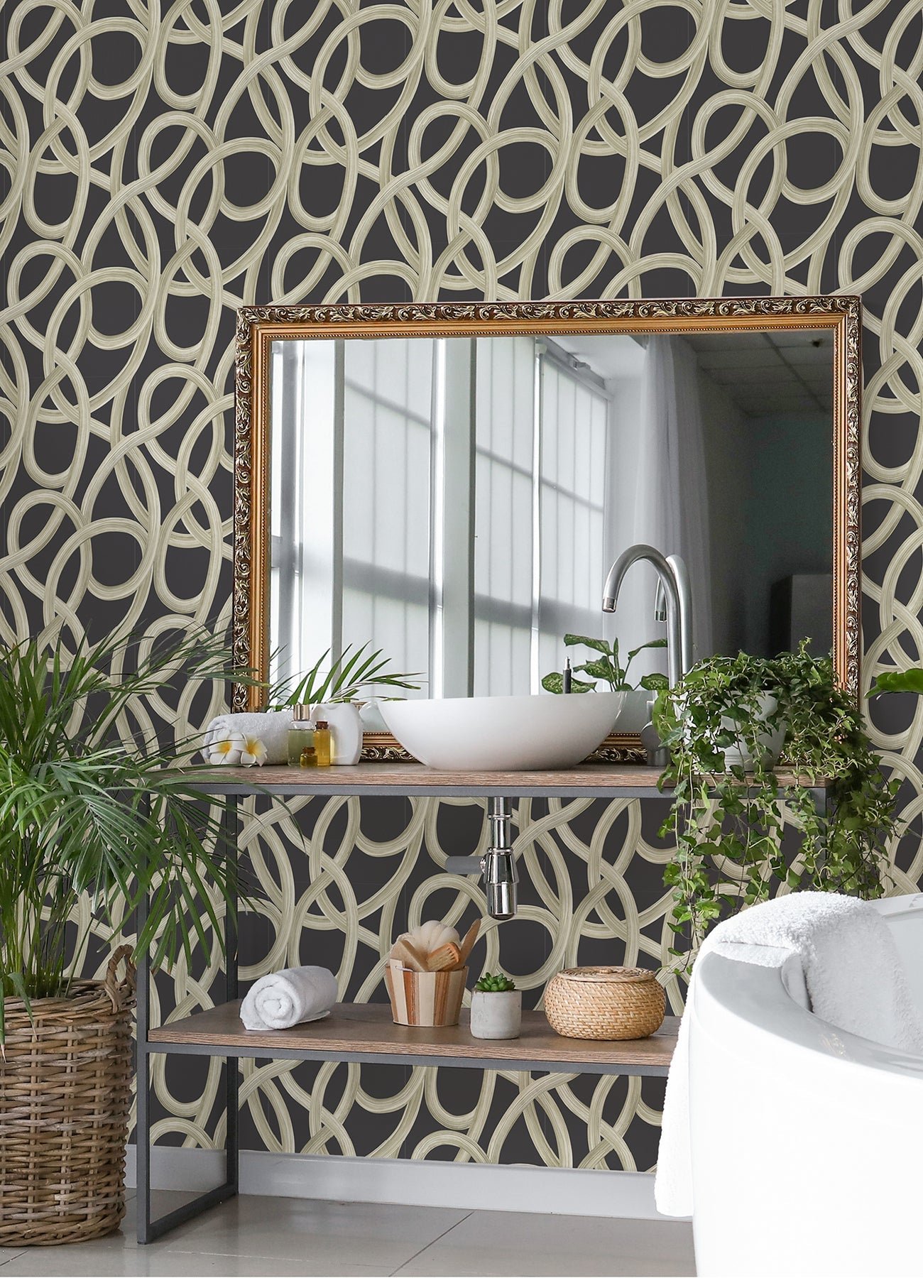 ohpopsi Calix Black Twisted Geo Wallpaper, 19.7-in by 33-ft