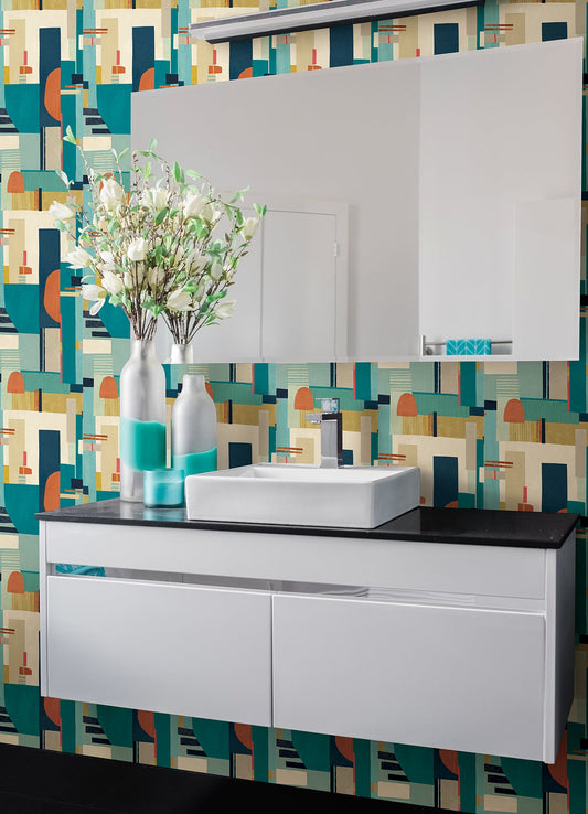 ohpopsi Rhodes Teal Blocs Wallpaper, 19.7-in by 33-ft