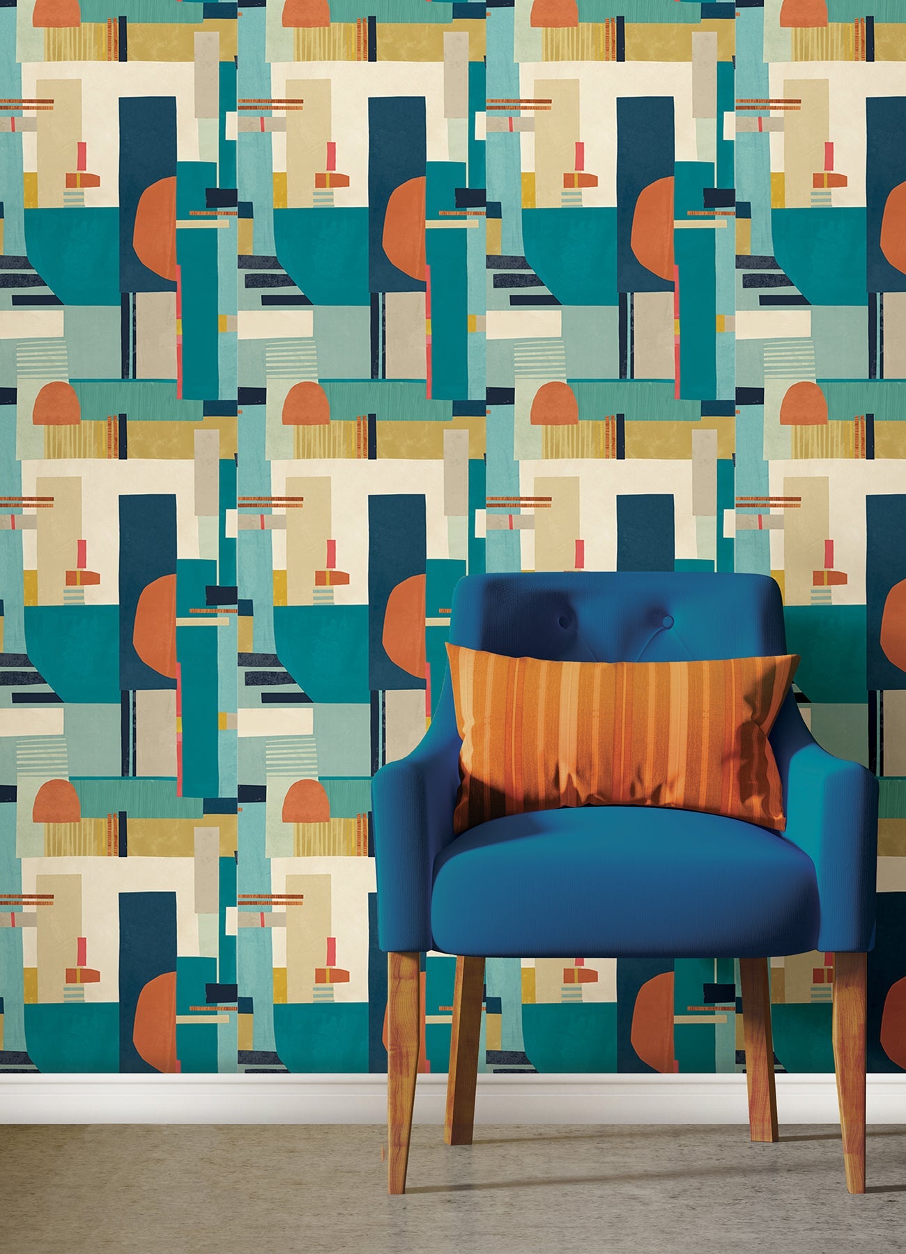 ohpopsi Rhodes Teal Blocs Wallpaper, 19.7-in by 33-ft