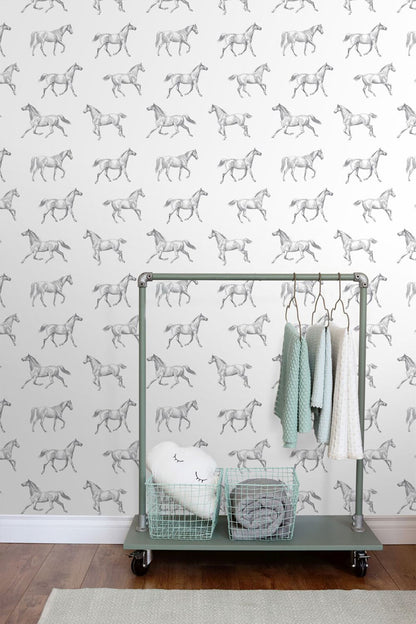 ESTA Home Burnett Off White Horses Wallpaper, 20.5-in by 33-ft