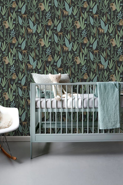 ESTA Home Macaque Dark Green Monkeys Wallpaper, 20.9-in by 33-ft