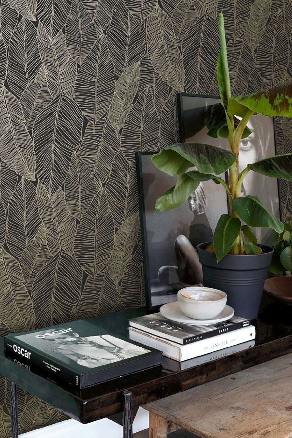 ESTA Home Canales Black Gold Inked Leaves Wallpaper, 20.9-in by 33-ft