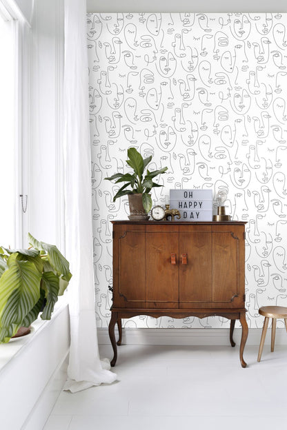 ESTA Home Sharona White Line Art Faces Wallpaper, 20.9-in by 33-ft