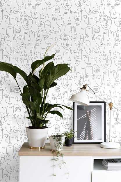 ESTA Home Sharona White Line Art Faces Wallpaper, 20.9-in by 33-ft