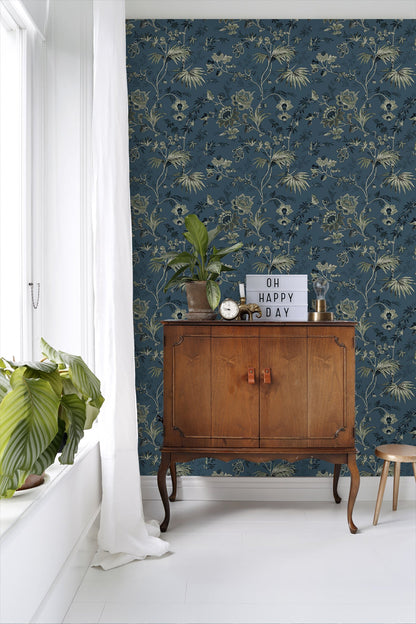 Design Department Juliet Blue Decorative Jacobean Wallpaper, 20.9-in by 33-ft