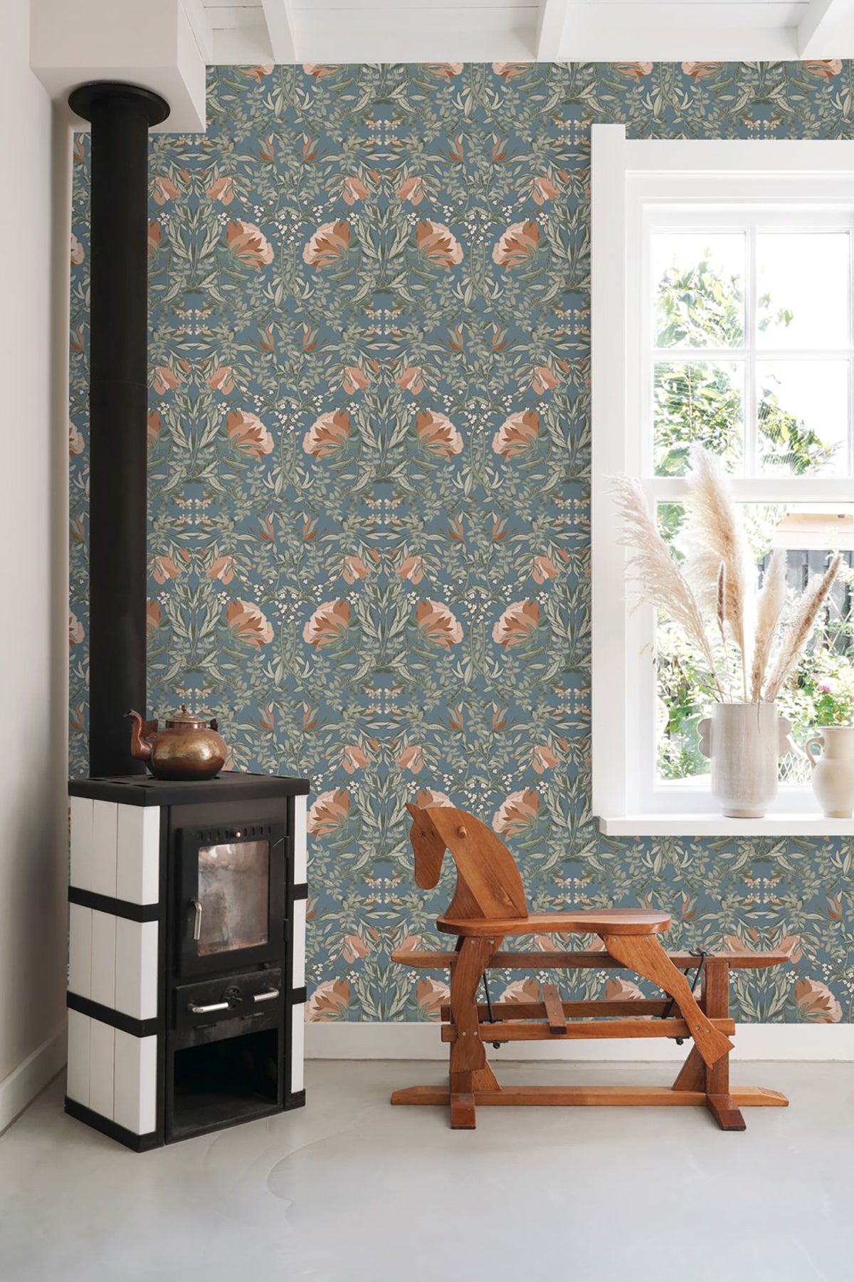 Design Department Ester Blue Nouveau Blooms Wallpaper, 20.9-in by 33-ft