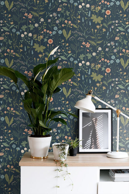 Design Department Letitia Indigo Summer Meadows Wallpaper, 20.9-in by 33-ft