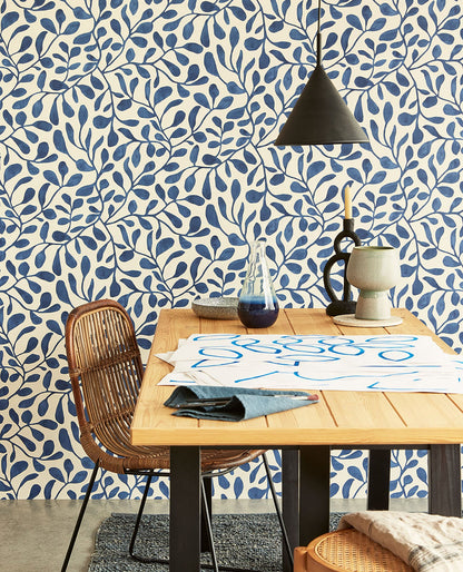 Eijffinger Fiona Dark Blue Leafy Vines Wallpaper, 20.5-in by 33-ft