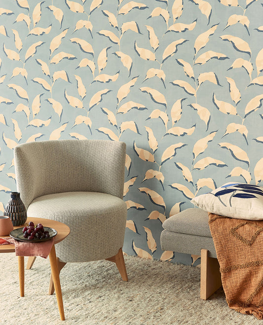 Eijffinger Callista Blue Leaves Wallpaper, 20.5-in by 33-ft