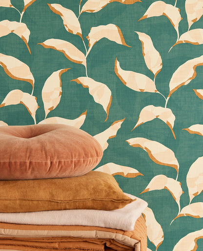 Eijffinger Callista Teal Leaves Wallpaper, 20.5-in by 33-ft