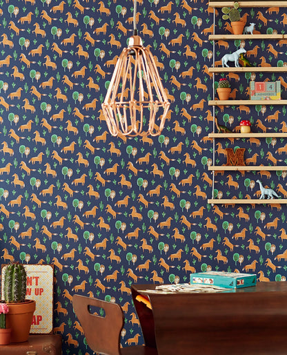 Eijffinger Tuva Navy Horse Wallpaper, 20.5-in by 33-ft