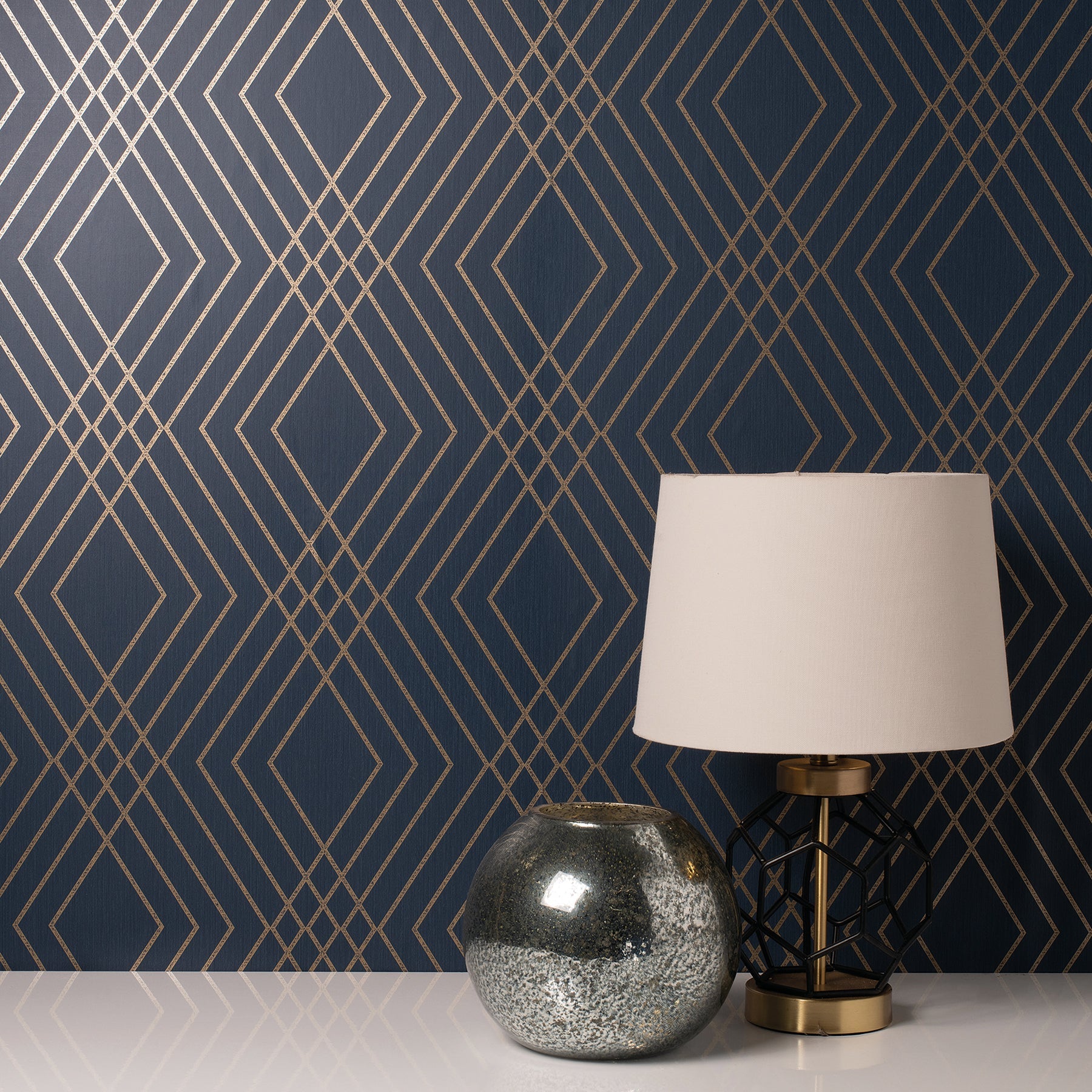 Fine Decor Shard Navy Trellis Wallpaper, 20.5-in by 33-ft