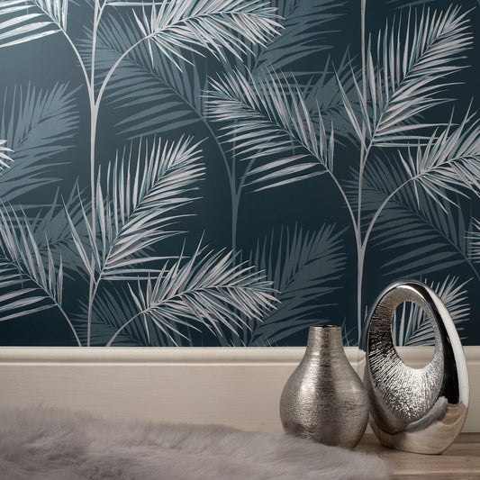 Fine Decor South Beach Navy Fronds Wallpaper, 20.5-in by 33-ft