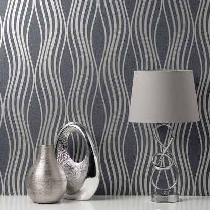 Fine Decor Valor Navy Wave Wallpaper, 20.5-in by 33-ft