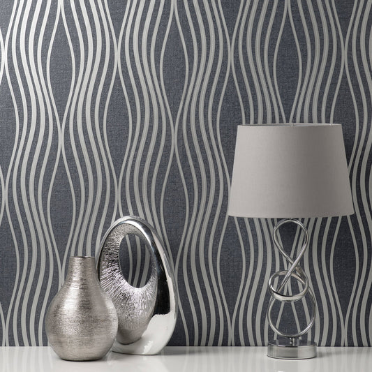 Fine Decor Valor Navy Wave Wallpaper, 20.5-in by 33-ft