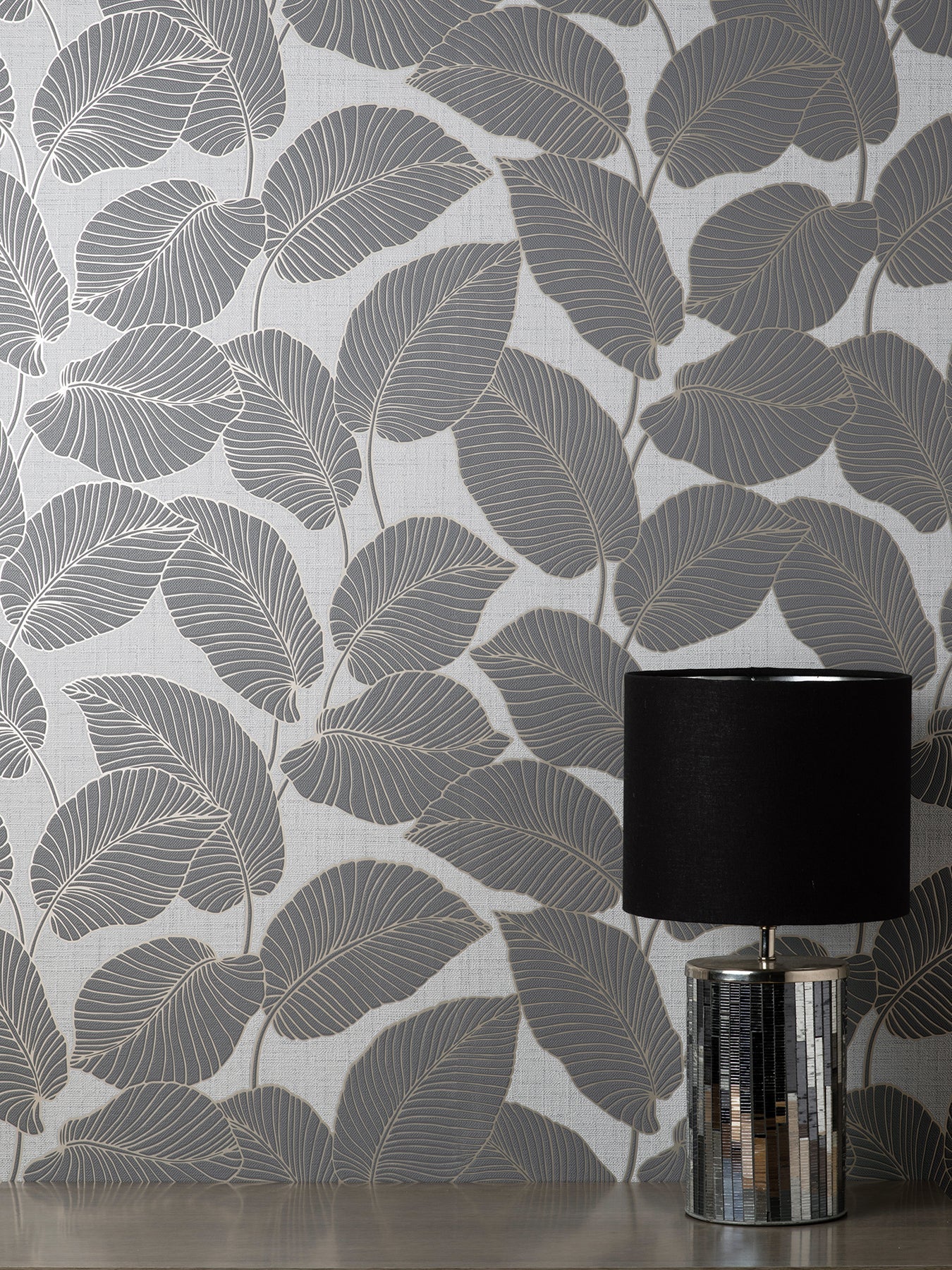 Fine Decor Larson Grey Leaf Wallpaper, 20.5-in by 33-ft