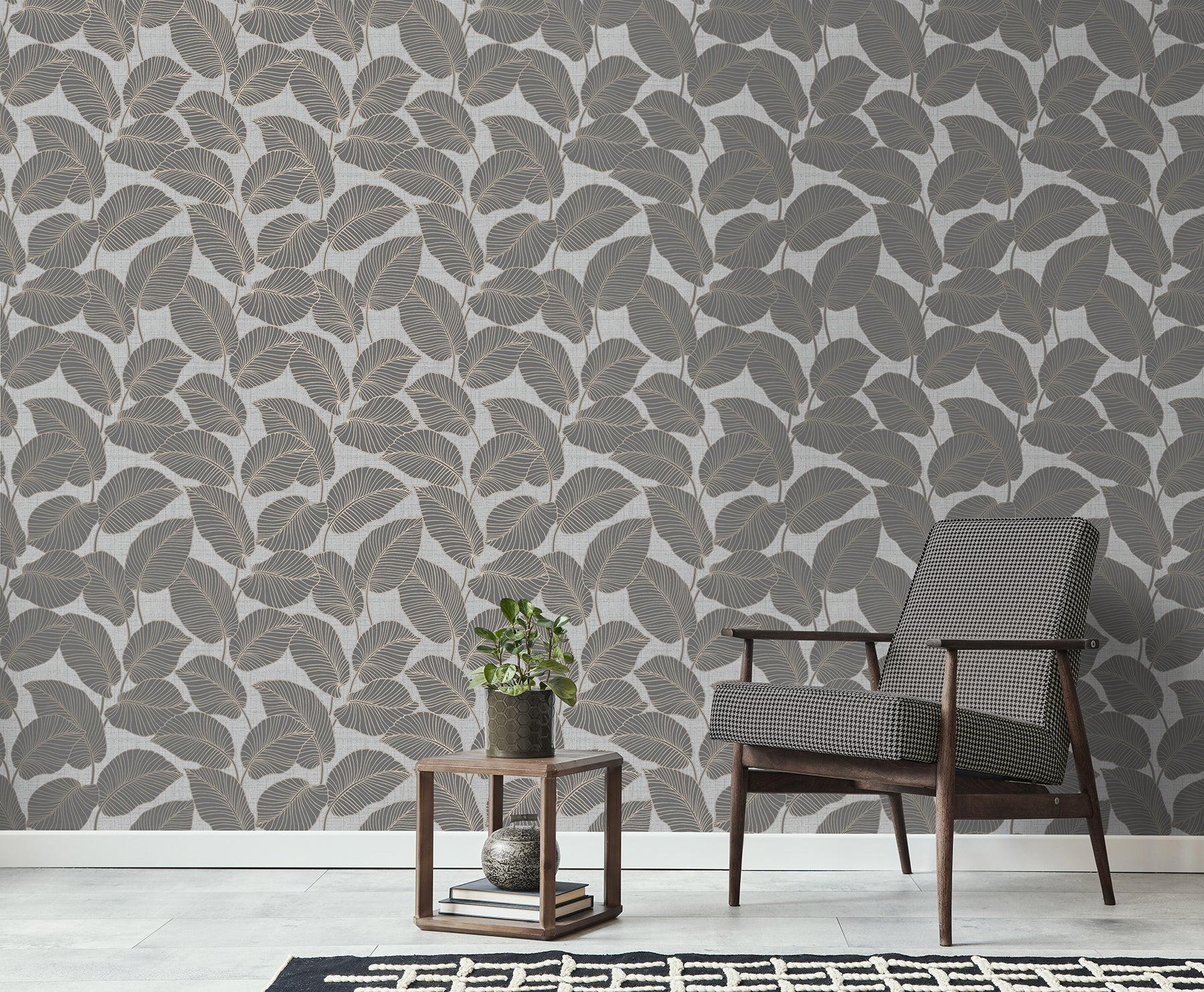 Fine Decor Larson Grey Leaf Wallpaper, 20.5-in by 33-ft