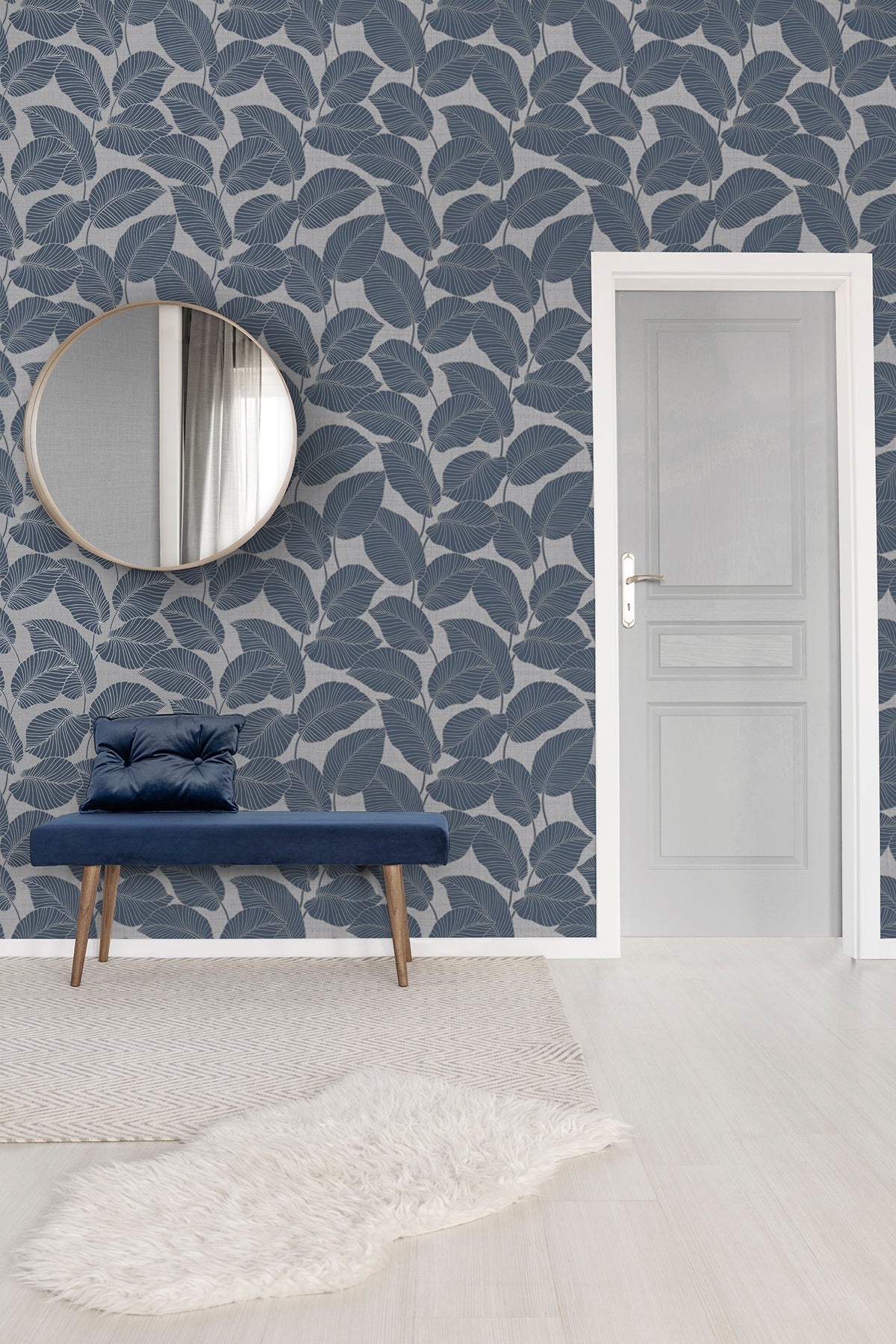 Fine Decor Larson Blue Leaf Wallpaper, 20.5-in by 33-ft