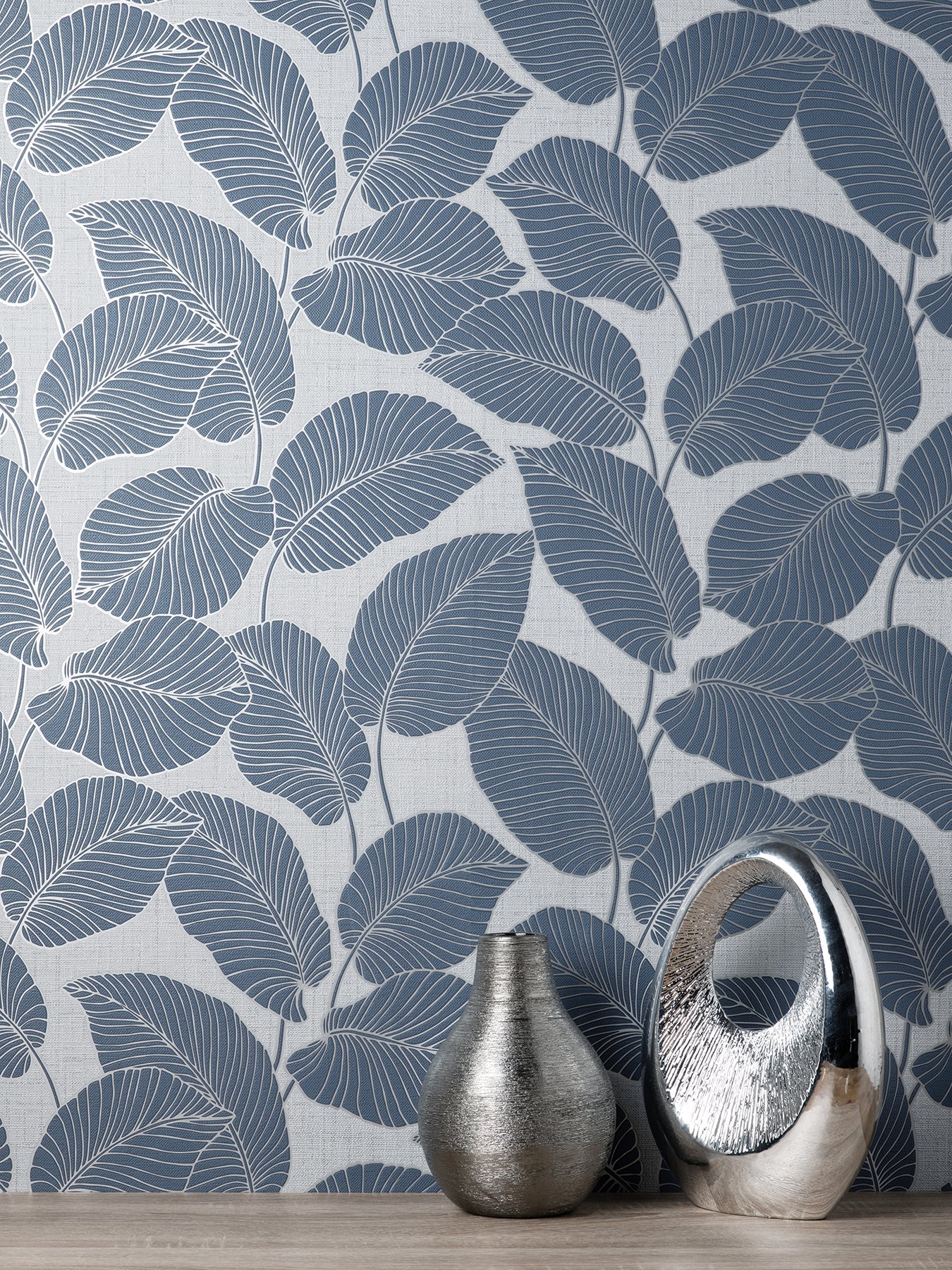 Fine Decor Larson Blue Leaf Wallpaper, 20.5-in by 33-ft