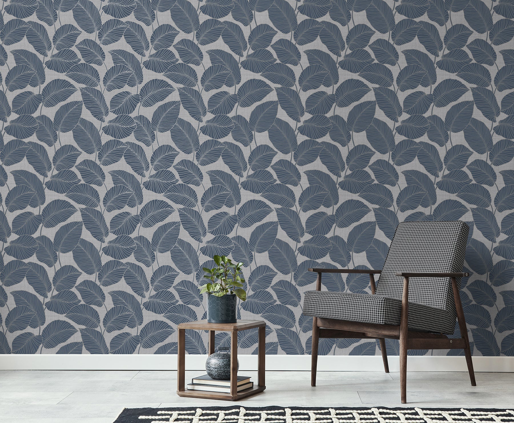 Fine Decor Larson Blue Leaf Wallpaper, 20.5-in by 33-ft