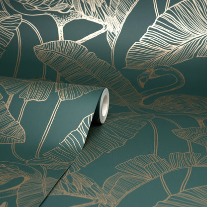 Fine Decor Mulholland Dark Green Flamingo Wallpaper, 20.5-in by 33-ft