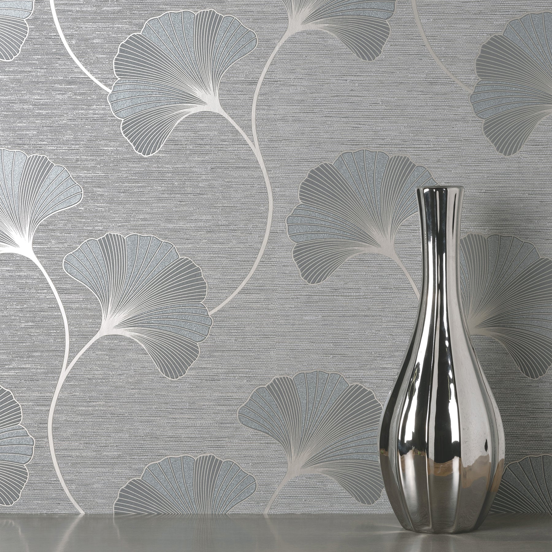 Fine Decor Miya Grey Ginkgo Wallpaper, 20.5-in by 33-ft