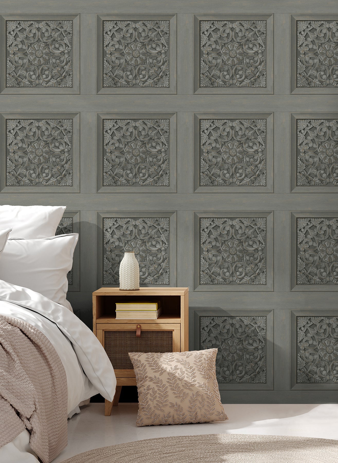 Fine Decor Albie Dark Grey Carved Panel Wallpaper, 20.5-in by 33-ft