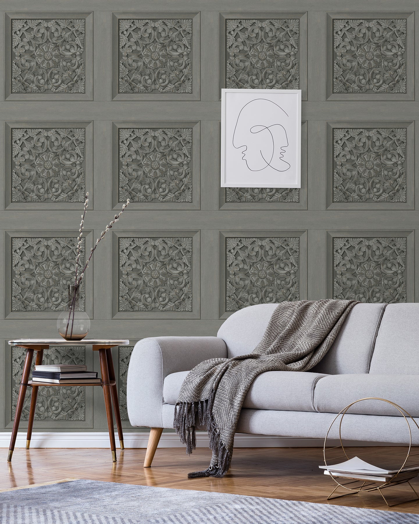 Fine Decor Albie Dark Grey Carved Panel Wallpaper, 20.5-in by 33-ft