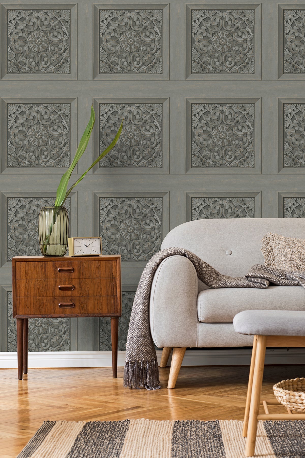 Fine Decor Albie Dark Grey Carved Panel Wallpaper, 20.5-in by 33-ft