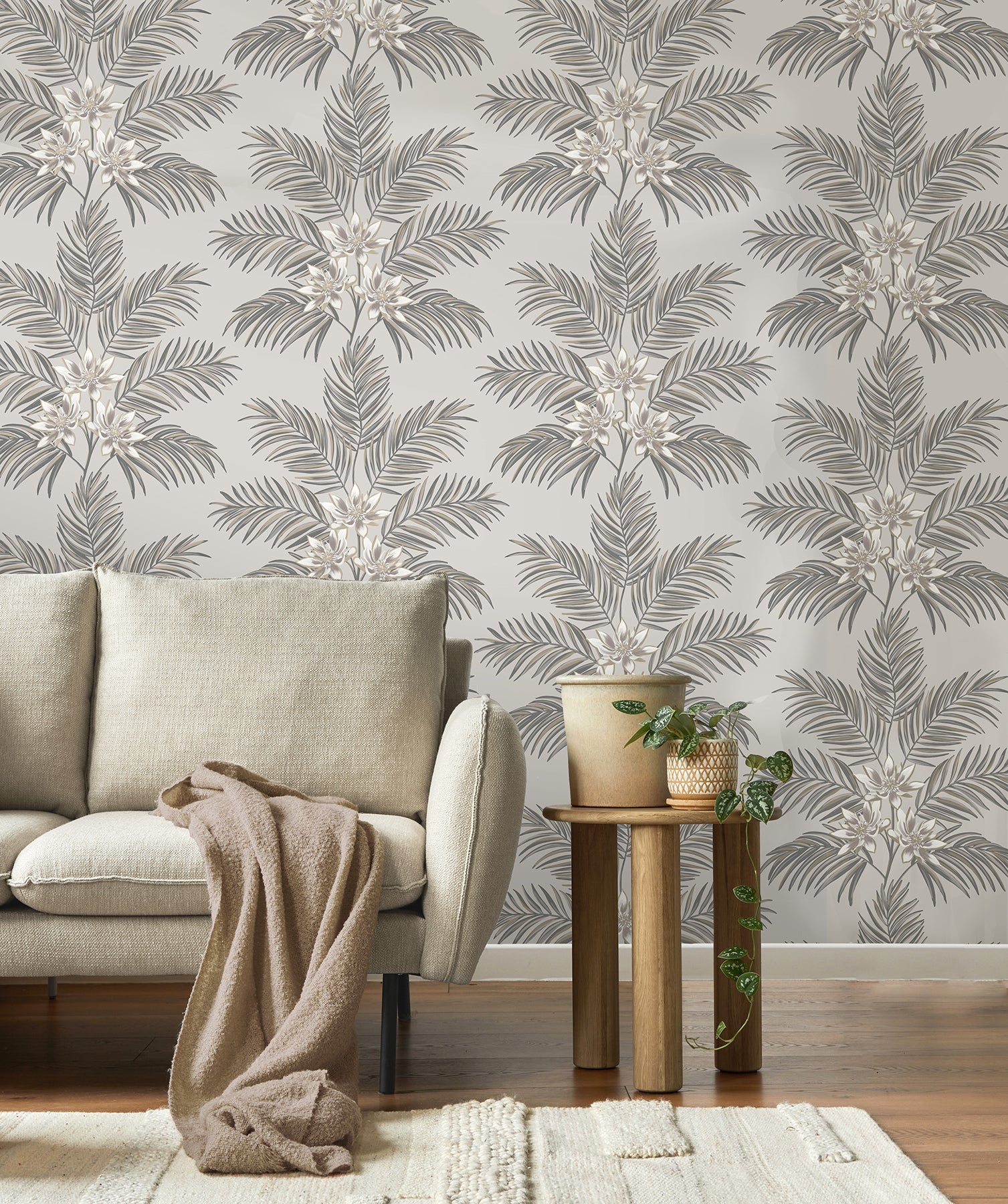 Fine Decor Bali Light Grey Palm Wallpaper, 20.5-in by 33-ft