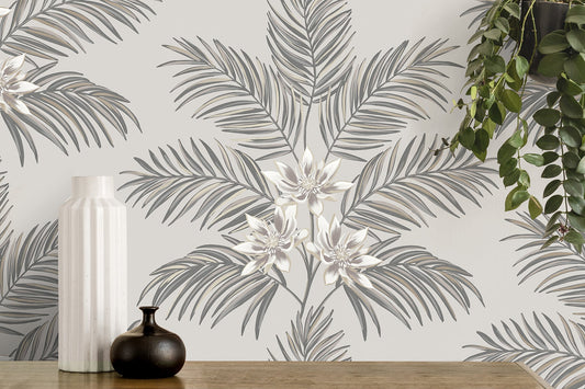 Fine Decor Bali Light Grey Palm Wallpaper, 20.5-in by 33-ft